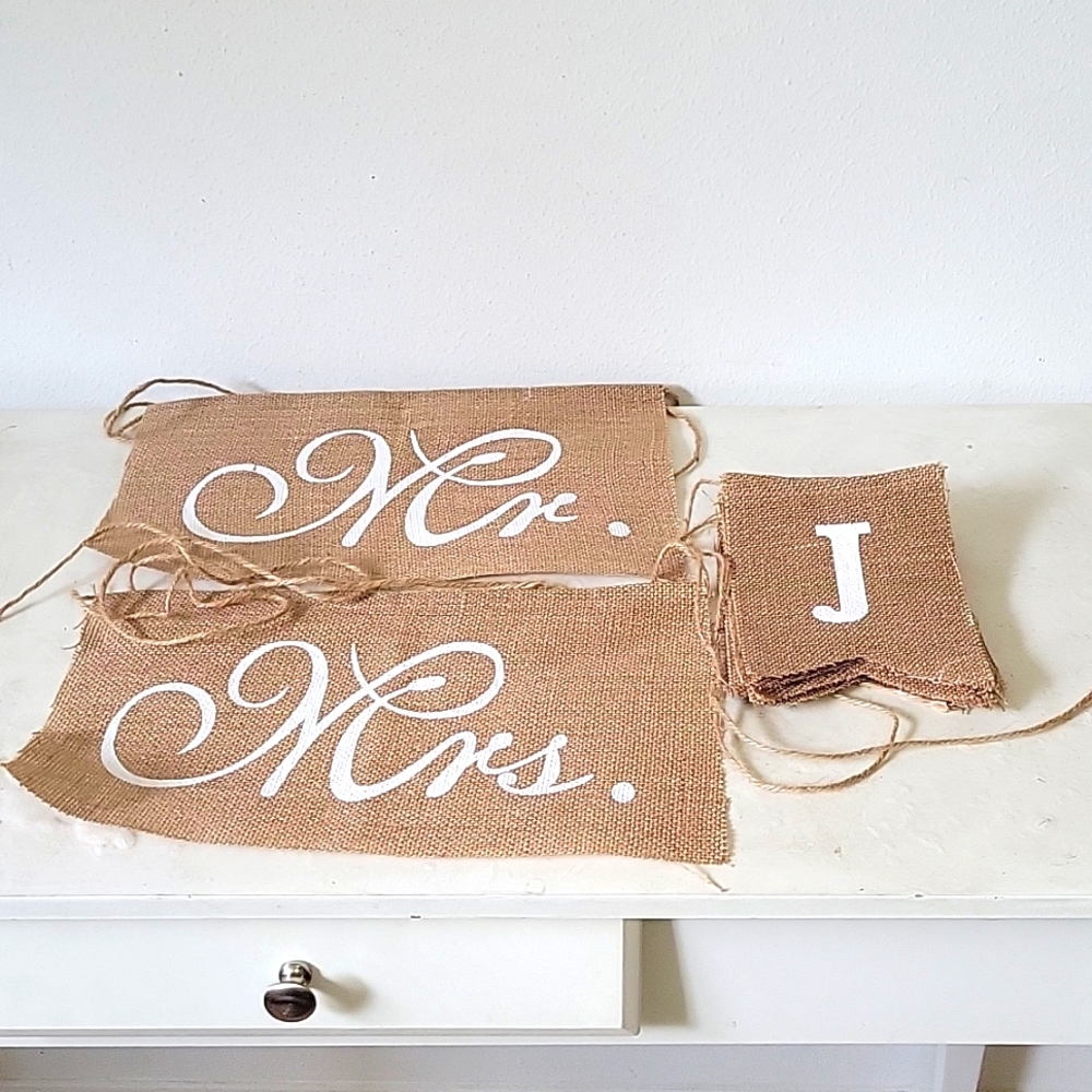 Just married & Mrs. & Mr. white on burlap flags rustic wedding decorations